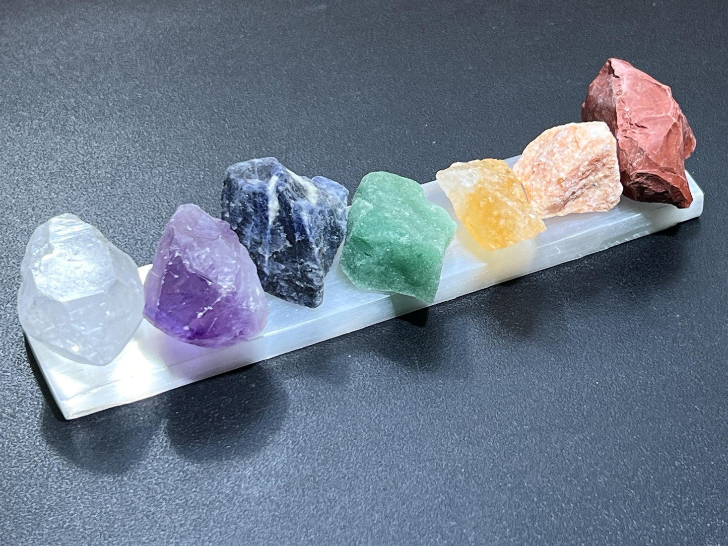 Chakra Crystal Set 7 Stone Rough Raw With Selenite Bar Reiki