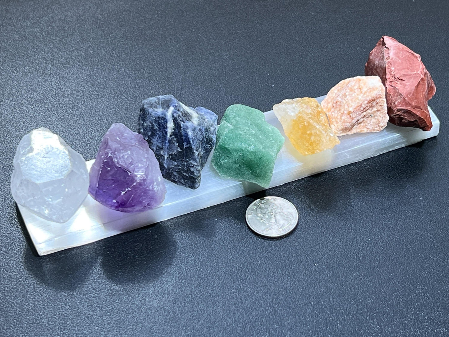 Chakra Crystal Set 7 Stone Rough Raw With Selenite Bar Reiki