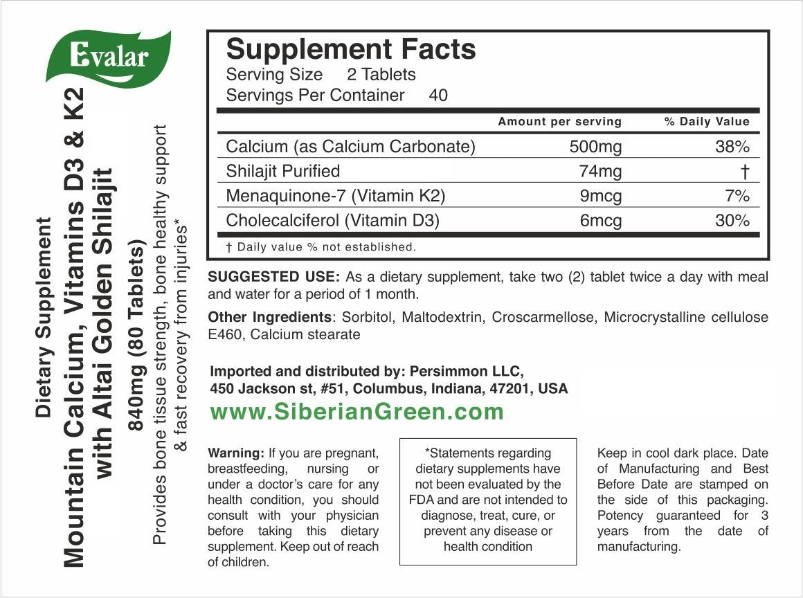 Mountain Calcium with Vitamins D3 + K2 and Shilajit - 80 Tablets | Evalar