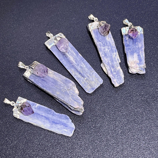 Kyanite Amethyst Crystal Point Pendant (Silver Plated) Gemstone Jewelry Necklace Supply