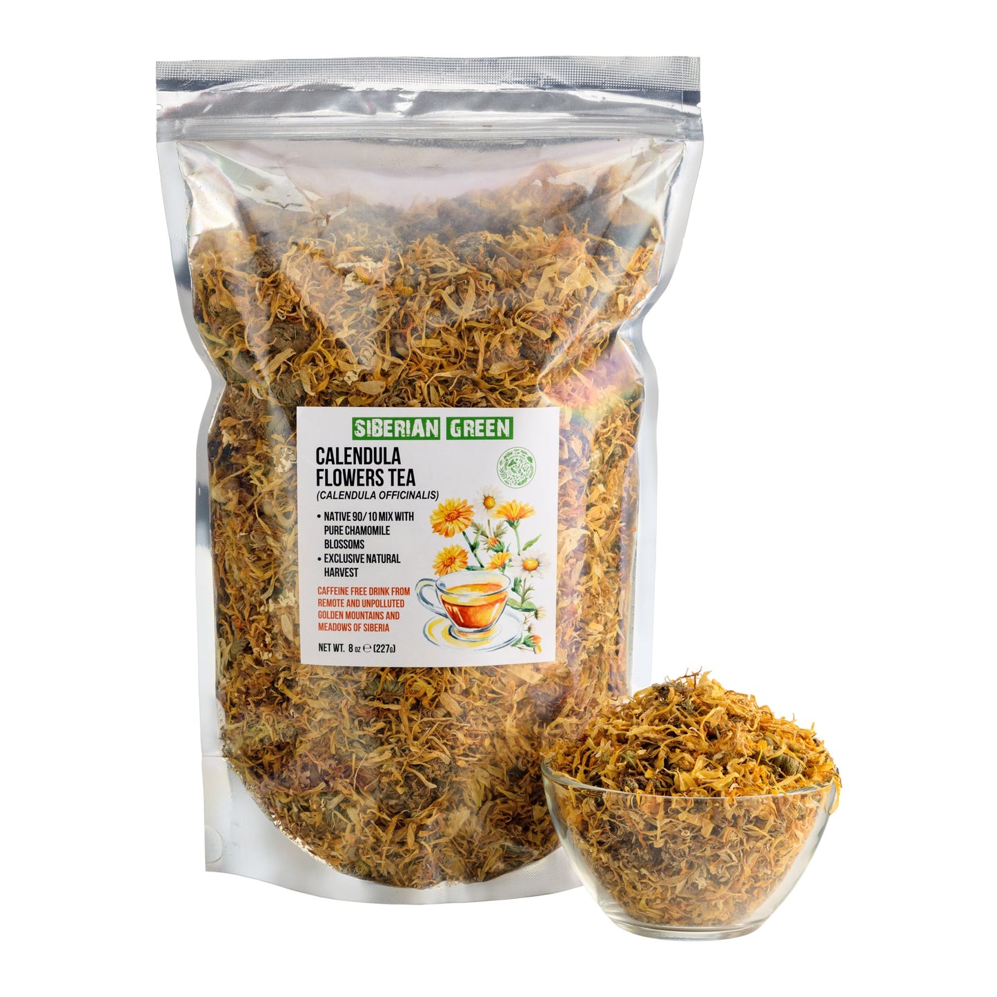 Siberian Green Calendula & Chamomile Tea – Wild Harvested Caffeine-Free (227g / 8 oz)