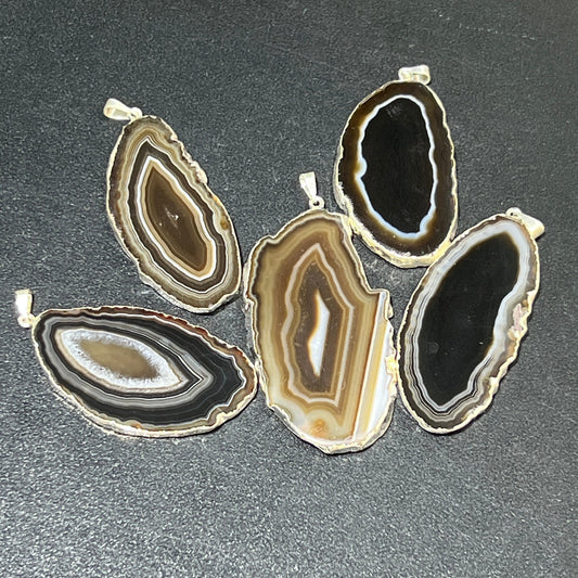 Agate Slice Pendants (Black / Brown)(Silver Edges) Wholesale