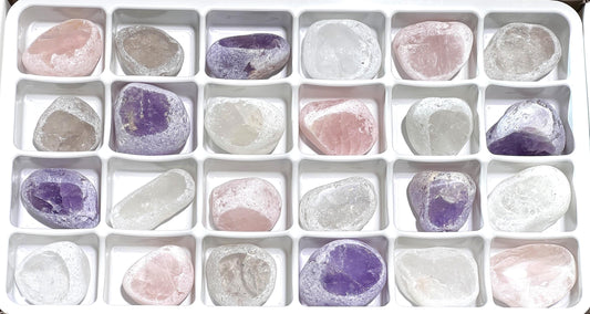 Assorted Crystal Emma Eggs (24 Pcs) Boxed Flat Wholesale Amethyst Rose Smoky Quartz