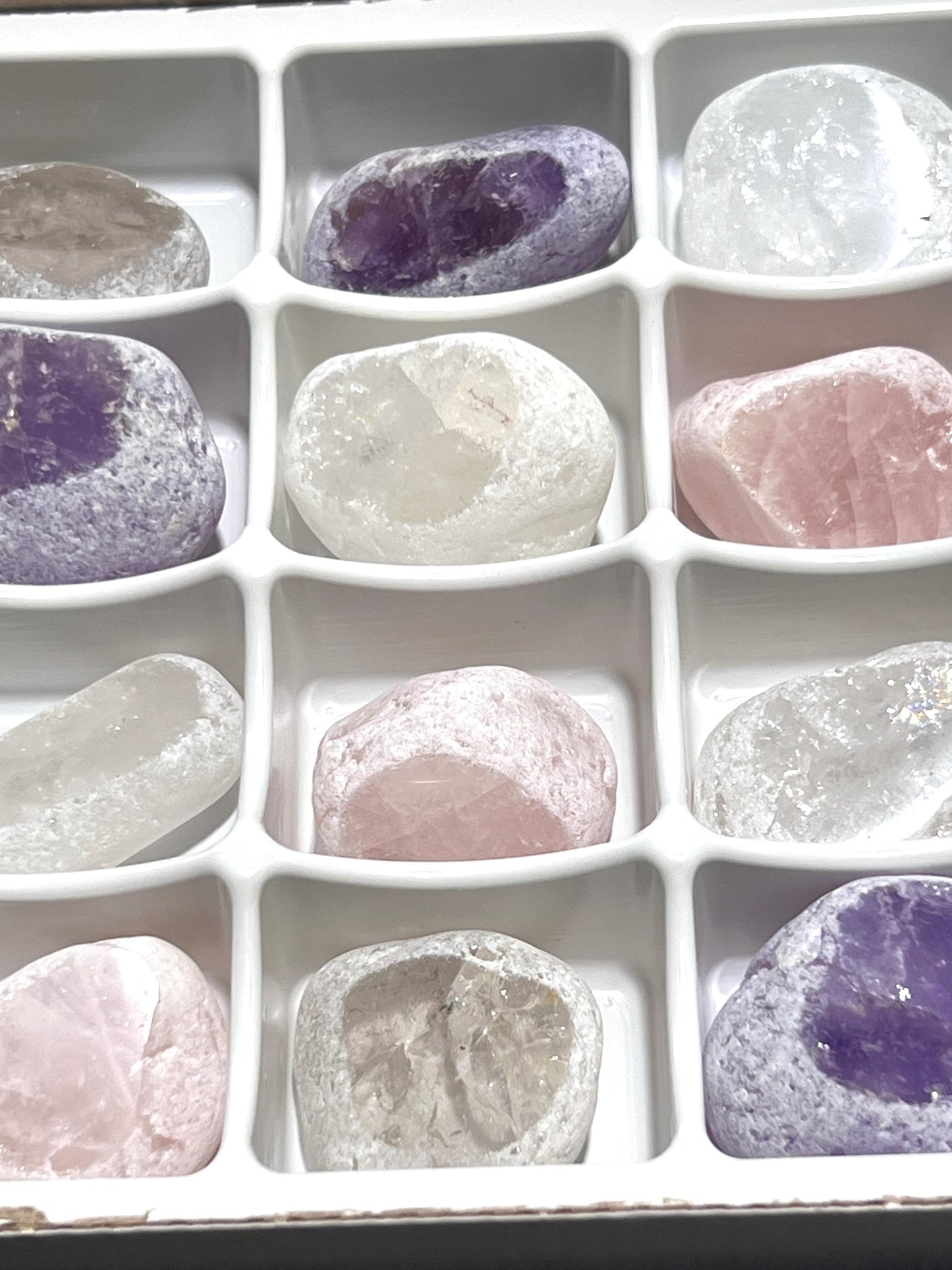 Assorted Crystal Emma Eggs (24 Pcs) Boxed Flat Wholesale Amethyst Rose Smoky Quartz