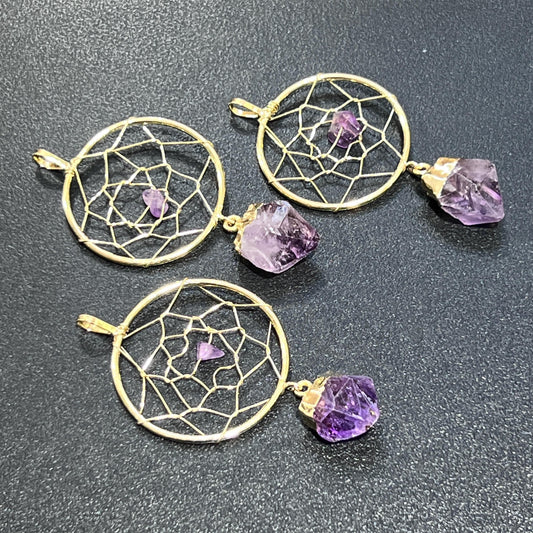 Dreamcatcher Pendant (Amethyst Crystal)(Gold Plated) Gemstone Jewelry Necklace Supply