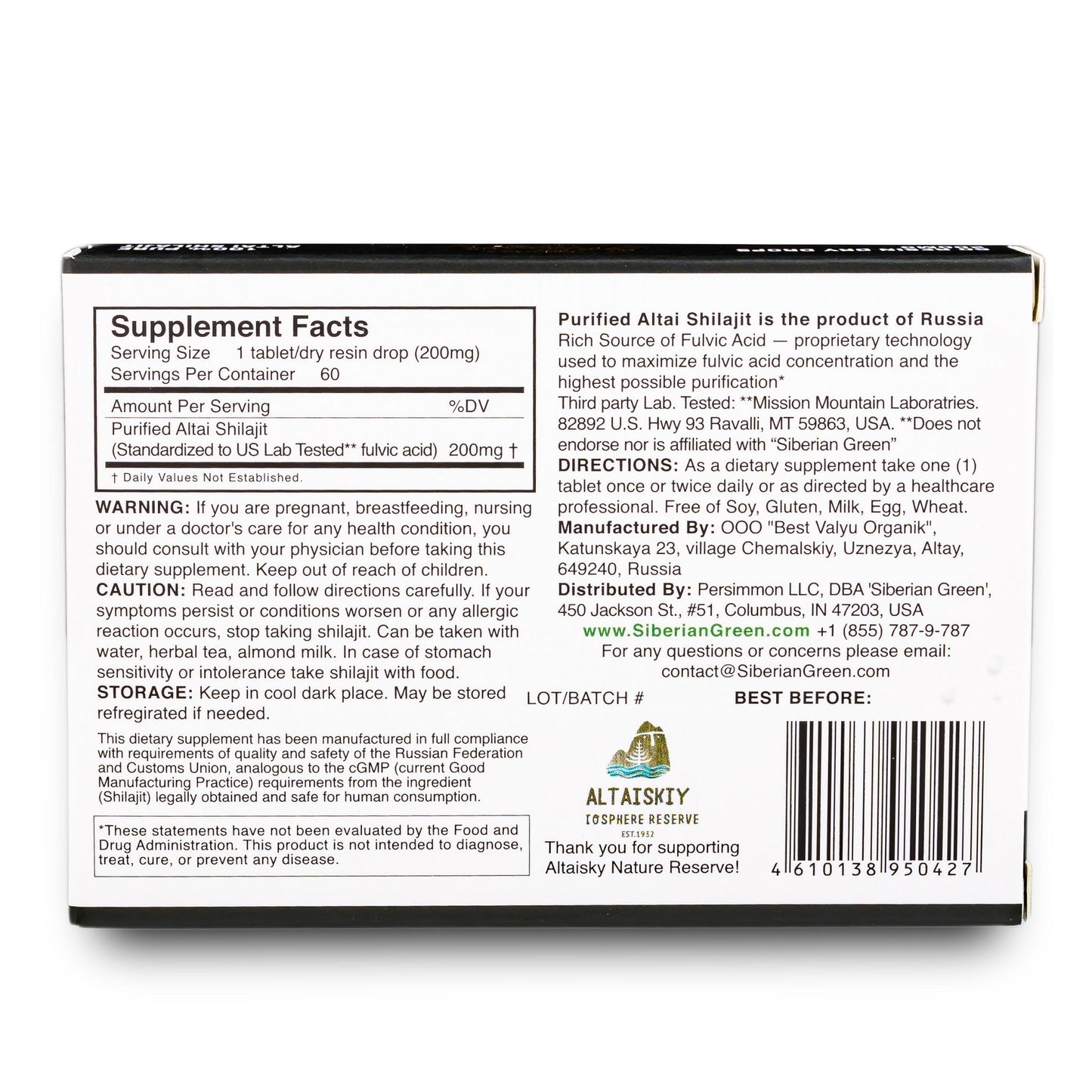 Siberian Green Shilajit Dry Drops | Altai Golden Mountains | 60 x 200mg