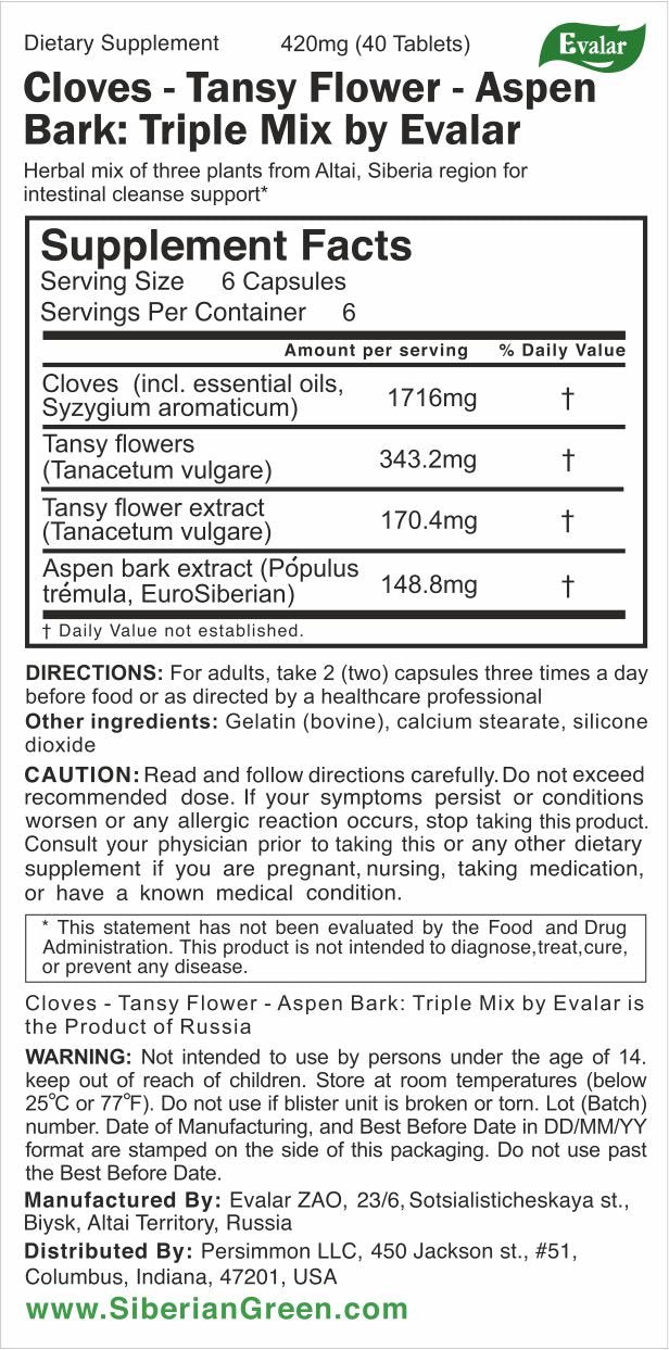 Cloves, Tansy & Aspen Herbal Mix – Evalar 40 Capsules